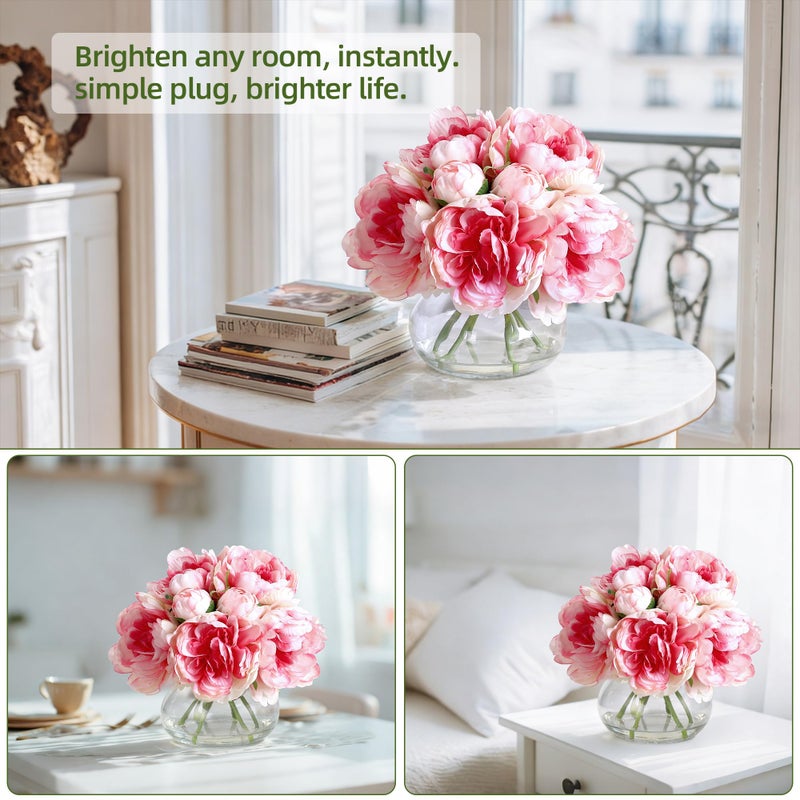 GarveeTech 7 Pcs Real Touch Artificial Peonies in Glass Vase, 6 Stems Faux Flowers with Faux Water, Silk Peony Arrangements for Wedding Centerpiece, Home Table, Party Decor (Pink) - Image 3