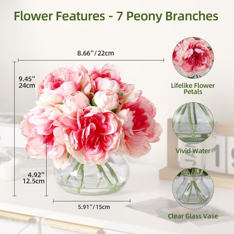 GarveeTech 7 Pcs Real Touch Artificial Peonies in Glass Vase, 6 Stems Faux Flowers with Faux Water, Silk Peony Arrangements for Wedding Centerpiece, Home Table, Party Decor (Pink) - Image 2