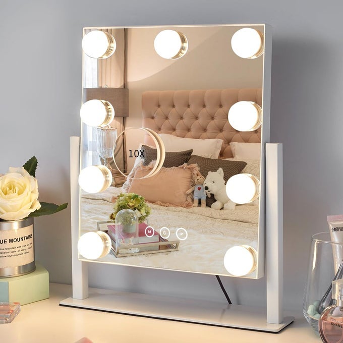 VANITY MIRROR WITH LIGHTSLIGHTED VANITY MIRROR WITH 12 DIMMABLE BULBS FOR DRESSING ROOM BEDROOM3 COLOR LIGHTINGMODES DETACHABLE 10X MAGNIFICATION 360RATATION WHITE 146 L X 17 W