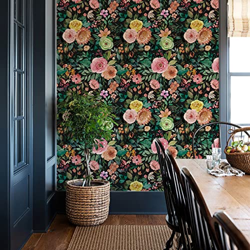 JiffDiff Dark Floral Peel and Stick Wallpaper 236.22" L x 17.7" W Black Watercolor Flower Wallpaper Wall Decor Wallcovering Wall Mural Cabinet - Image 2