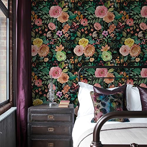 JiffDiff Dark Floral Peel and Stick Wallpaper 236.22" L x 17.7" W Black Watercolor Flower Wallpaper Wall Decor Wallcovering Wall Mural Cabinet - Image 4