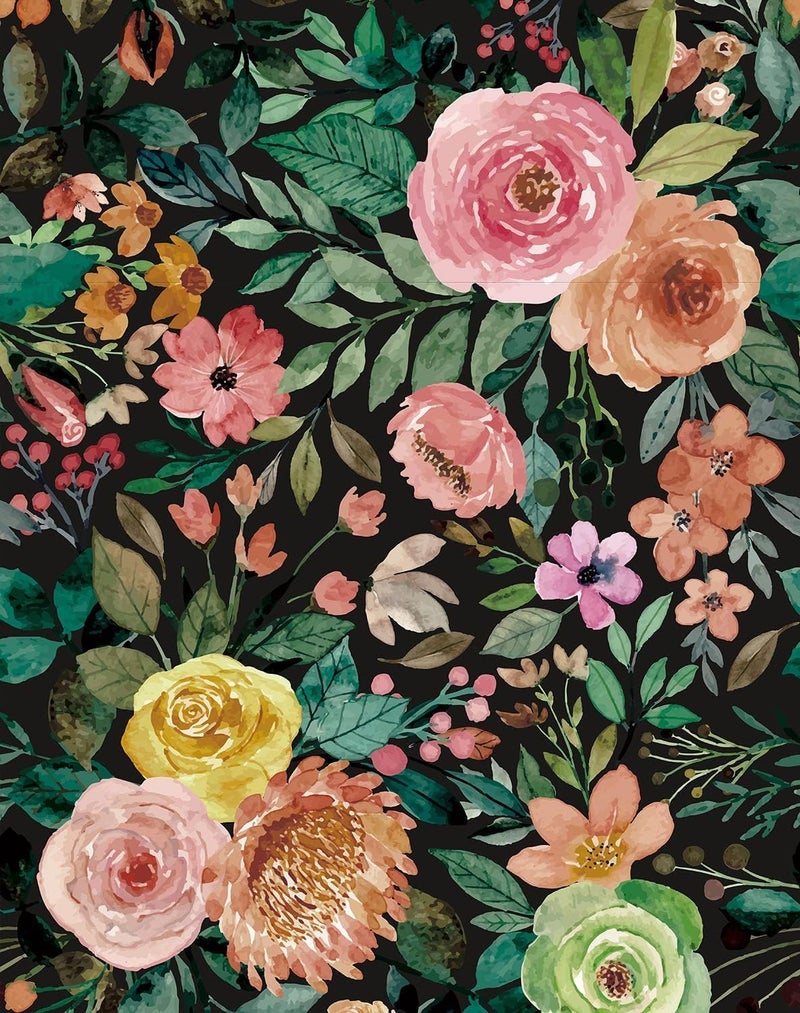 JiffDiff Dark Floral Peel and Stick Wallpaper 236.22" L x 17.7" W Black Watercolor Flower Wallpaper Wall Decor Wallcovering Wall Mural Cabinet - Image 1