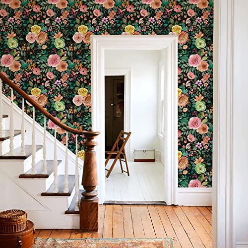 JiffDiff Dark Floral Peel and Stick Wallpaper 236.22" L x 17.7" W Black Watercolor Flower Wallpaper Wall Decor Wallcovering Wall Mural Cabinet - Image 5