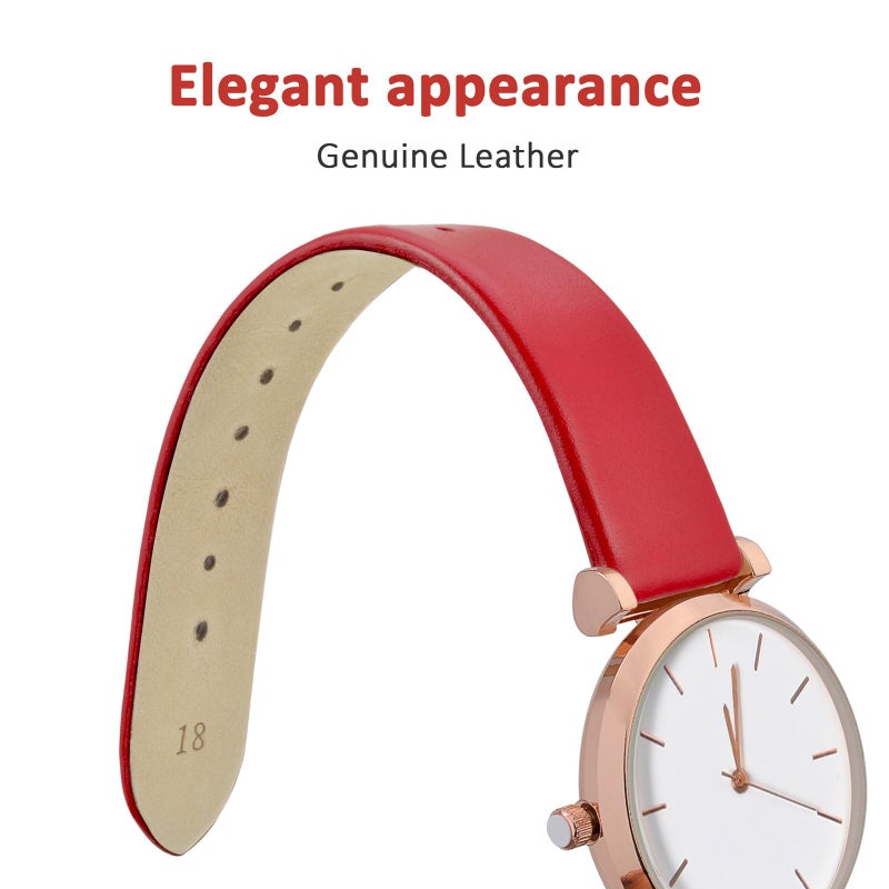WOCCI 14mm Lug Width, Elegant Watch Band, Genuine Leather Replacement Strap with Gold Buckle (Red) - Image 3