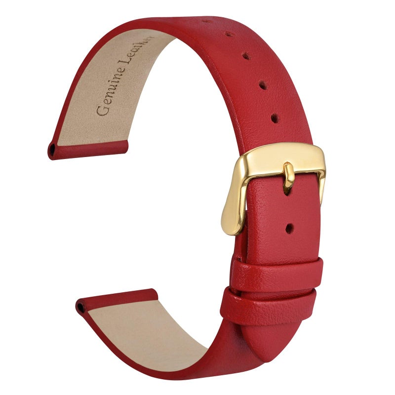 WOCCI 14mm Lug Width, Elegant Watch Band, Genuine Leather Replacement Strap with Gold Buckle (Red) - Image 1