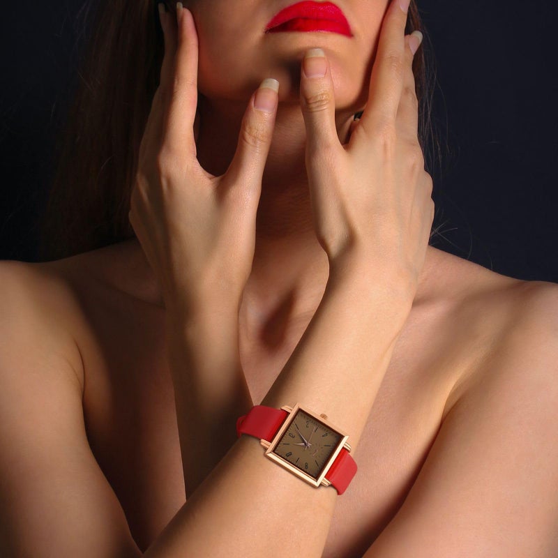 WOCCI 14mm Lug Width, Elegant Watch Band, Genuine Leather Replacement Strap with Gold Buckle (Red) - Image 5