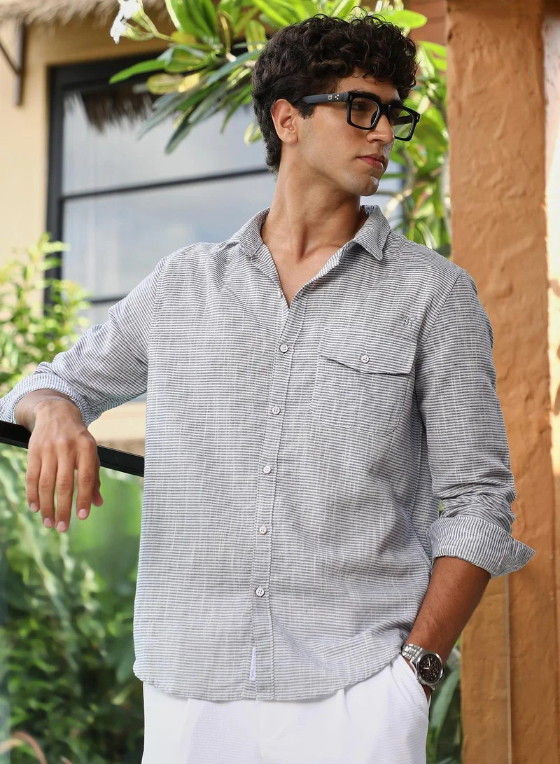 Campus Sutra Men Candy-Stripe Jacquard Shirt | Spread Collar , Long Cuffed Sleeves | Button Closure Curved Hem | Stripes Jacquard | Woven Fabric For Casual & Daily Wear | Navy Blue