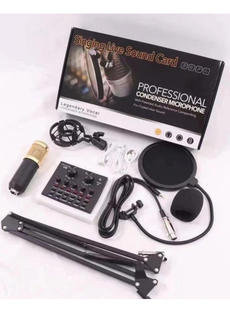 مجموعة ميكروفون مع بطاقة صوت V8 – مجموعة ميك للبث المباشر، البودكاست، التسجيل الاستوديوي، ذراع قابل للتعديل، فلتر مضاد للضوضاء، USB للتوصيل والتشغيل على الكمبيوتر، الهواتف الذكية، يوتيوب والألعاب - Image 1