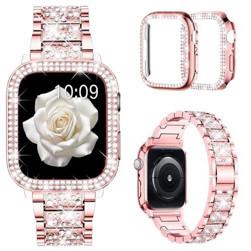 Mosonio Compatible with Apple Watch Band 44mm with Case Women, Jewelry Replacement Metal Wristband Strap with 2 Pack Bling PC Protective Cover for iWatch Series 6/5/4(Pink) - Image 1