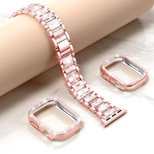 Mosonio Compatible with Apple Watch Band 44mm with Case Women, Jewelry Replacement Metal Wristband Strap with 2 Pack Bling PC Protective Cover for iWatch Series 6/5/4(Pink) - Image 4