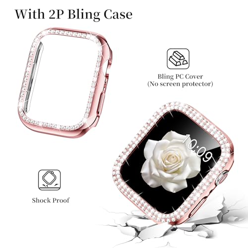Mosonio Compatible with Apple Watch Band 44mm with Case Women, Jewelry Replacement Metal Wristband Strap with 2 Pack Bling PC Protective Cover for iWatch Series 6/5/4(Pink) - Image 5
