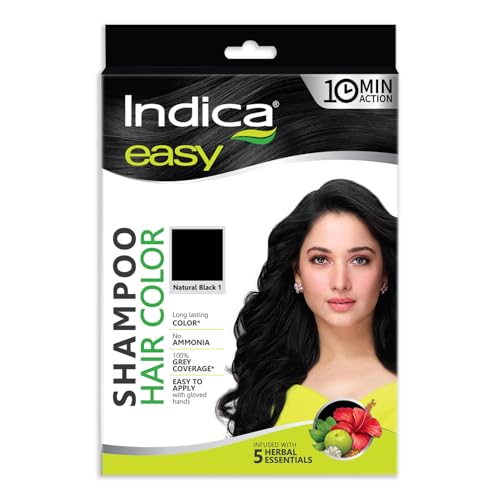 Indica Easy Do-It-Yourself 10 Minutes Hair Color Shampoo with 5 Herbal Extracts and 100% Ammonia Free, Long Lasting Formula, (12.5g + 12.5ml) - Natural Black Colour (Gloves Included) - Image 1