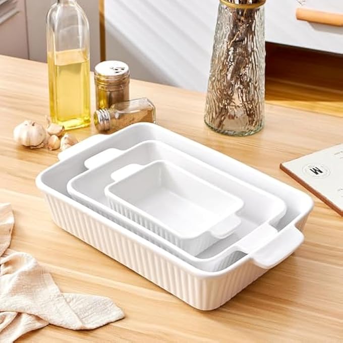 rayihni Ceramic Baking Dish Set Of 3 White For Oven Lasagne Pan Deep Casseroles - Image 5