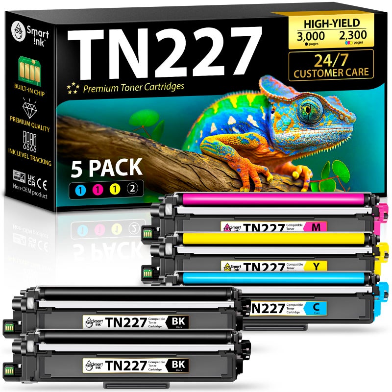 Smart Ink Compatible TN227 High Yield Toner Cartridge 5 Pack (2BK/C/M/Y) Replacement for Brother TN-227 TN-223 TN223bk TN227bk to use with MFC-L3770CDW HL-L3290CDW HL-L3270CDW MFC-L3710CW HL-L3210CW - Image 1