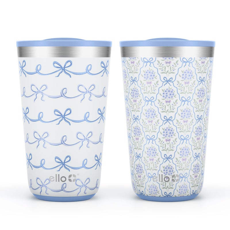 Ello 2 Pack 16oz Stainless Steel Stacking Cups with Easy Press Lids | Pint Size Reusable Tumblers for Parties, Home, Camping, Outdoor | Keeps Cold for 16 Hours, Dishwasher Safe | Bows & Flowers - Image 1