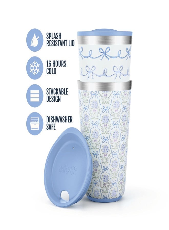 Ello 2 Pack 16oz Stainless Steel Stacking Cups with Easy Press Lids | Pint Size Reusable Tumblers for Parties, Home, Camping, Outdoor | Keeps Cold for 16 Hours, Dishwasher Safe | Bows & Flowers - Image 3