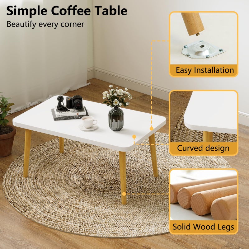 Funecy Coffee Table Low Table with Solid Wood Sturdy Legs, Floor Table Desk for Sitting on The Floor, Storage and Living Room Furniture (White-Square) - Image 4