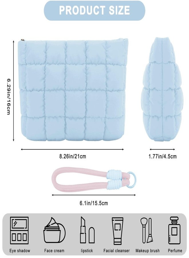 DOB SECHS Puffer Quilted Makeup Bag with Handle Detachable Cute Puffy Cotton Cosmetic Bag, Small Toiletry Zipper Make Up Pouch Purse, Checkered Storage Organizer Clutch Bag, Travel Pouches Case, Blue - Image 3