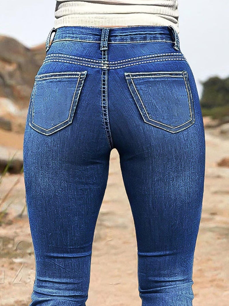Flamingals Bootcut Mid Rise Jeans for Women Split Ripped Stitch Curvy Western Denim Pants Without Belt Navy Blue M - Image 4