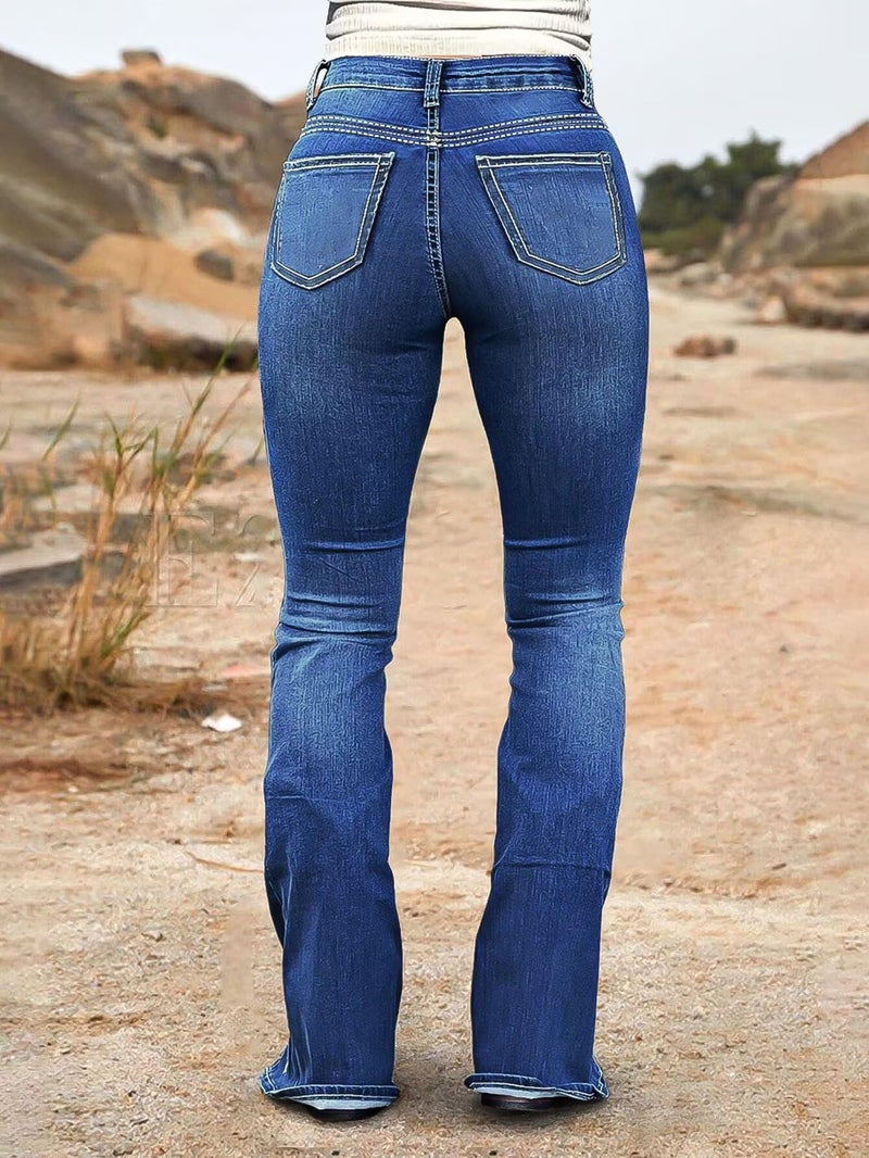 Flamingals Bootcut Mid Rise Jeans for Women Split Ripped Stitch Curvy Western Denim Pants Without Belt Navy Blue M - Image 5