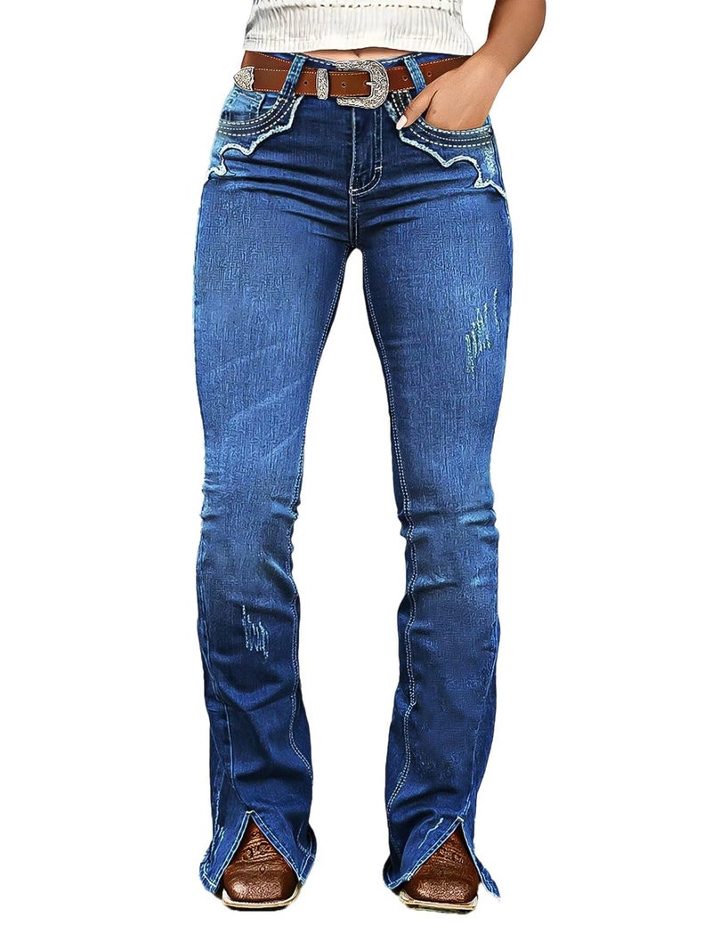 Flamingals Bootcut Mid Rise Jeans for Women Split Ripped Stitch Curvy Western Denim Pants Without Belt Navy Blue M - Image 1