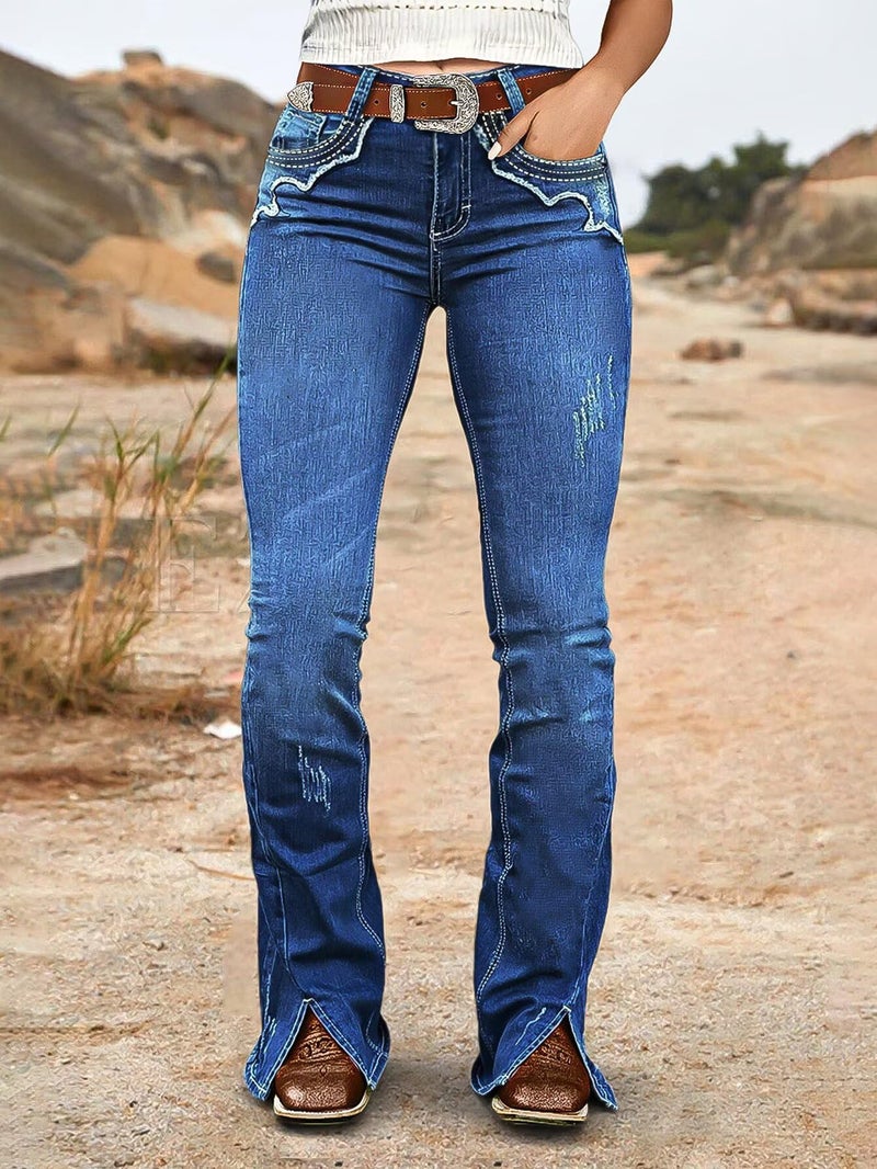 Flamingals Bootcut Mid Rise Jeans for Women Split Ripped Stitch Curvy Western Denim Pants Without Belt Navy Blue M - Image 3
