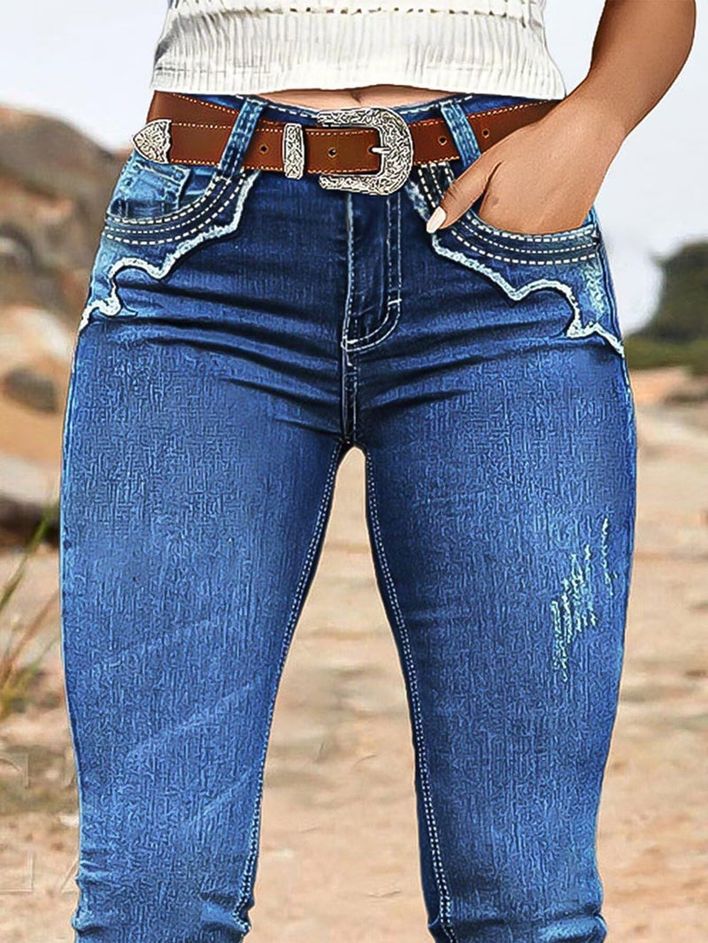 Flamingals Bootcut Mid Rise Jeans for Women Split Ripped Stitch Curvy Western Denim Pants Without Belt Navy Blue M - Image 2