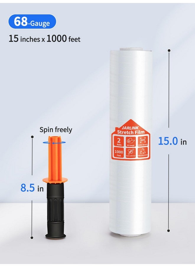 JARLINK 2 Pack Stretch Film 15 X 1000Ft Shrink Wrap For Pallet Wrap Industrial Strength Stretch Up To 650% Stretch With Handles Self Adhering Packaging Heavy Duty Film For Moving 68 Gauge Clear - Image 2