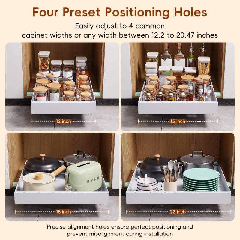 OneDream 2 Pack Pull Out Cabinet Organizer, 21" Deep Slide Out Drawers for Kitchen Cabinets, No Drill Adhesive Pull Out Drawers for Cabinets, Roll Out Shelves Adjustable Width 12.05"-20.4" - Image 5