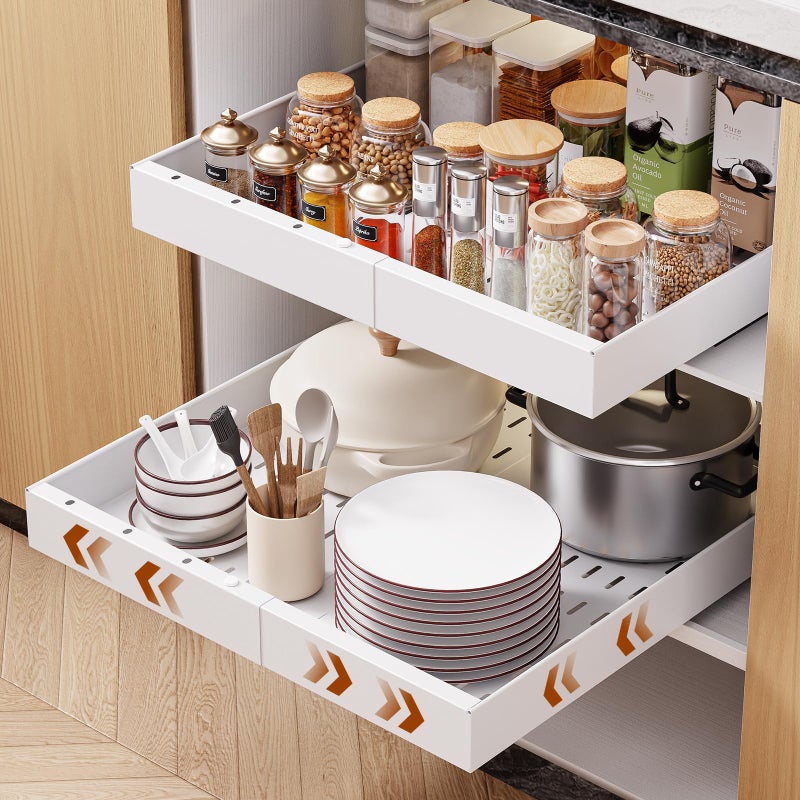 OneDream 2 Pack Pull Out Cabinet Organizer, 21" Deep Slide Out Drawers for Kitchen Cabinets, No Drill Adhesive Pull Out Drawers for Cabinets, Roll Out Shelves Adjustable Width 12.05"-20.4" - Image 1
