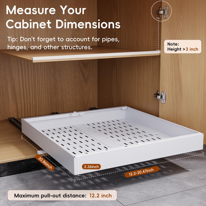 OneDream 2 Pack Pull Out Cabinet Organizer, 21" Deep Slide Out Drawers for Kitchen Cabinets, No Drill Adhesive Pull Out Drawers for Cabinets, Roll Out Shelves Adjustable Width 12.05"-20.4" - Image 3