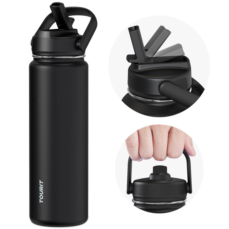 TOURIT 24 oz Insulated Water Bottle, Stainless Steel Water Bottles With Straw, Double Wall Vacuum Insulation for Cold and Hot Drinks, Leak Proof BPA Free Water Flask for Sports and Travel, Black - Image 1