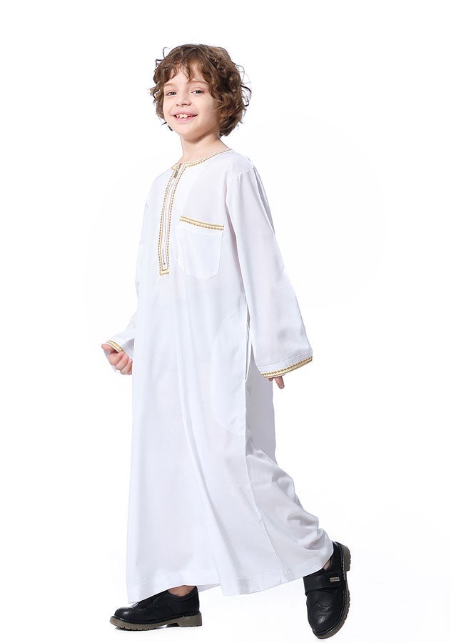 HAWAWA Kids Thobe for Muslim Boys Long Sleeve Kaftan Embroidered Crew Collar Robe with Zipper and Pockets Islamic Arabic Abaya Clothes(130CM) - Image 1