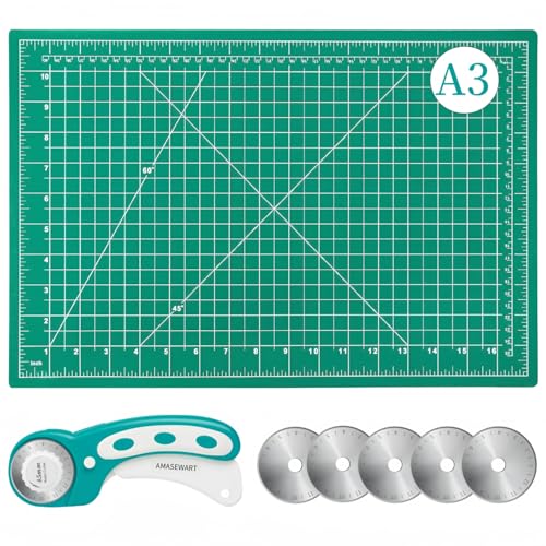 AMASEWART 45mm Rotary Cutter and Mat Set, Fabric Cutter Wheel and 12x18 Inch Self Healing Sewing Cutting Mat, Fabric Rotary Cutter with 5pcs Rotary Blades for Quilting Patchworking Crafts, Turquoise - Image 1