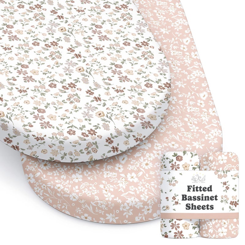 Sorrel + Fern Baby Bassinet Sheets Girl (Fleurette) 2-Pack - Fitted Bedside Bassinet Sheets - Buttery Soft Cotton Blend for Standard Mattress Pad - Compatible with Halo BassiNest - Image 1