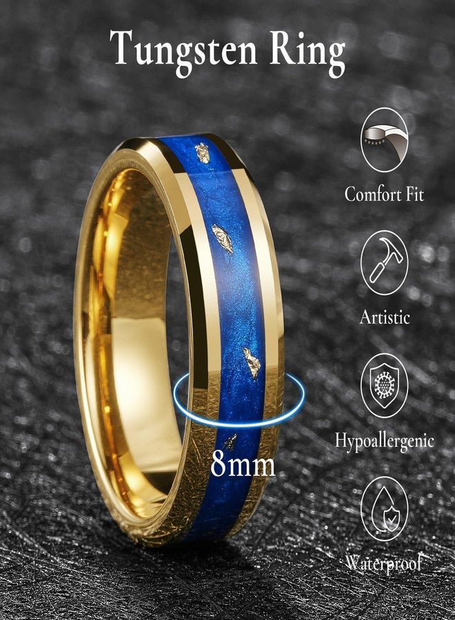King Will 8mm Gold Tungsten Rings, Men's Wedding Rings Blue Sand & Gold Foils Inlay Beveled Edge Ring for Men Women Comfort Fit, Hypoallergenic, Durable, Size 10 - Image 2