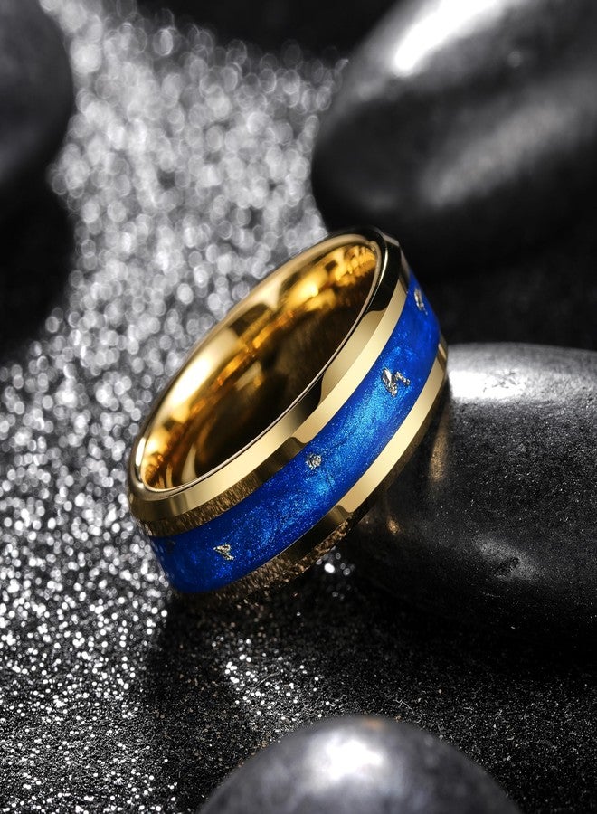 King Will 8mm Gold Tungsten Rings, Men's Wedding Rings Blue Sand & Gold Foils Inlay Beveled Edge Ring for Men Women Comfort Fit, Hypoallergenic, Durable, Size 10 - Image 3