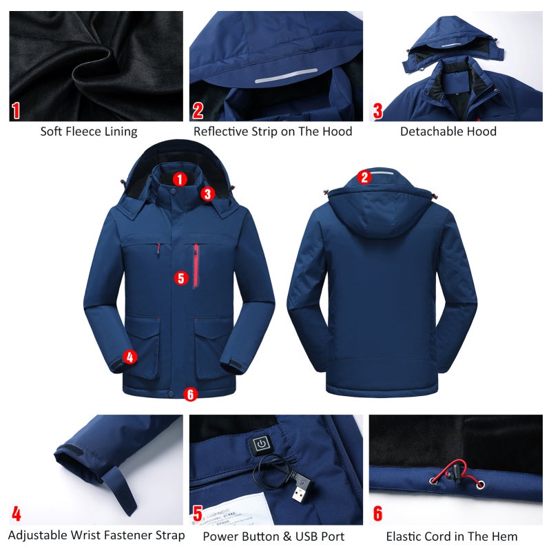 Heated Jacket: 100% Polyester Water-Repellent Windproof Soft Fleece Lining USB Heated Jacket - 3 Heating Zones 3 Adjustable Temperature Settings Detachable Hood Adjustable Wrist Straps 4 Exterior Pock - Image 3