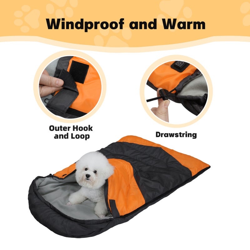 Heated Dog Sleeping Bag: Orange, 3 Adjustable Temperature Levels, Portable With Stuff Sack - Power Bank Compatible, Easy Zipper & Hook And Loop Design for Outdoor Camping, Hiking, Travel - Image 3