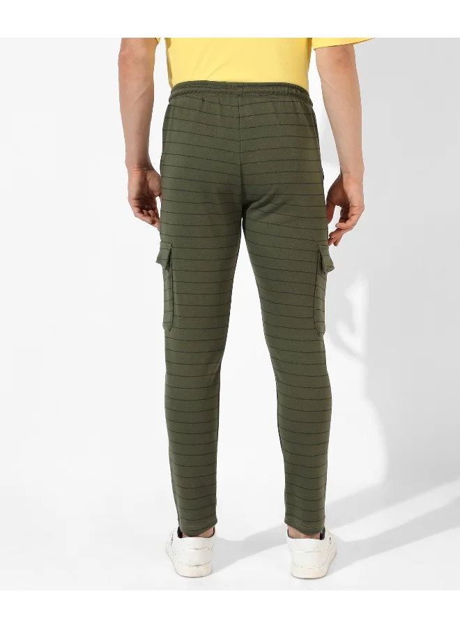 Campus Sutra Men's Olive Green Striped Regular Fit Trackpants