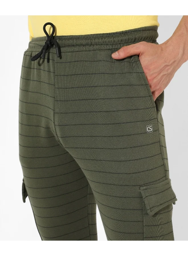 Campus Sutra Men's Olive Green Striped Regular Fit Trackpants