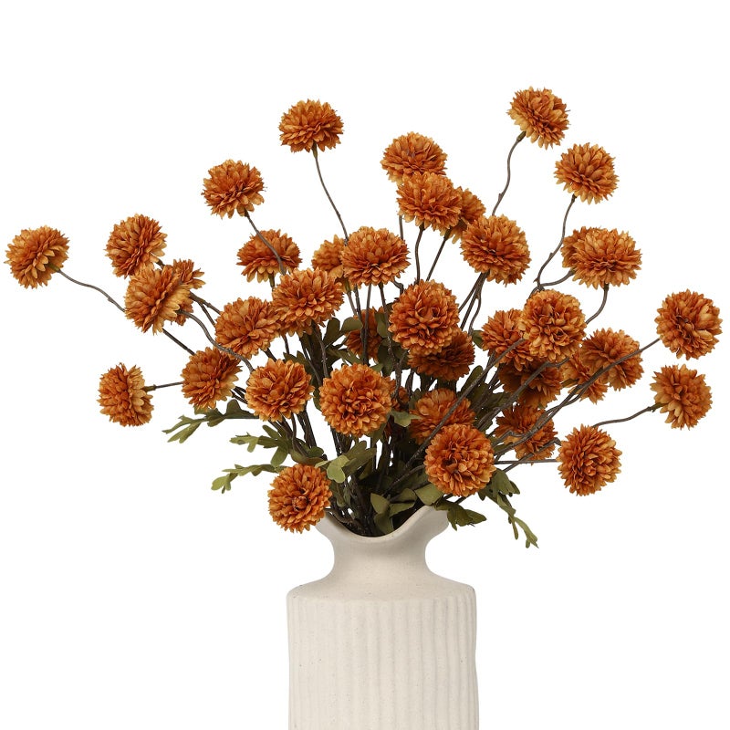 DuHouse 6pcs Artificial Flowers Faux Silk Pompon Mum,Silk Small Mini Chrysanthemum Ball with Stems for DIY Bouquets Centerpieces Vase Home Table Kitchen Decorations(Burnt Orange) - Image 1