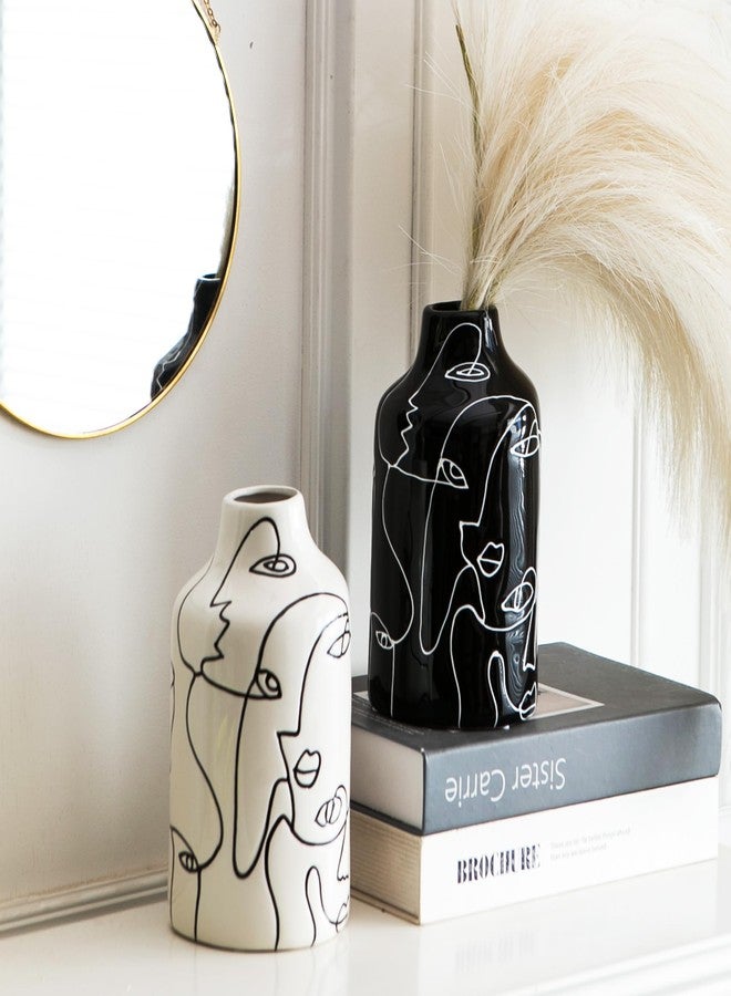 Kimdio Ceramic Vases Set 2 Pieces Black and White Flowers Irregular Design Abstract White Modern Home Decor Living Room Minimalist Decorative Vase for Pampas Grass - Image 5