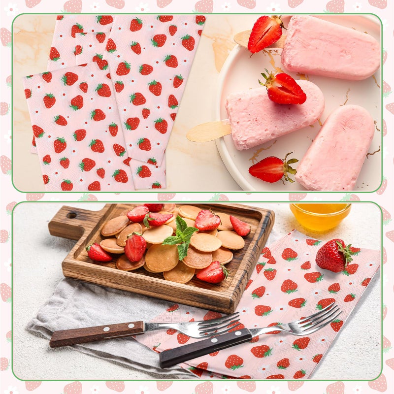 Janlaugh 100 Pcs Strawberry Paper Napkins Set Disposable Summer Fruit Paper Napkins Pink for Berry Sweet Strawberry Decoration Catering Event Birthday Summer Party Supplies - Image 5