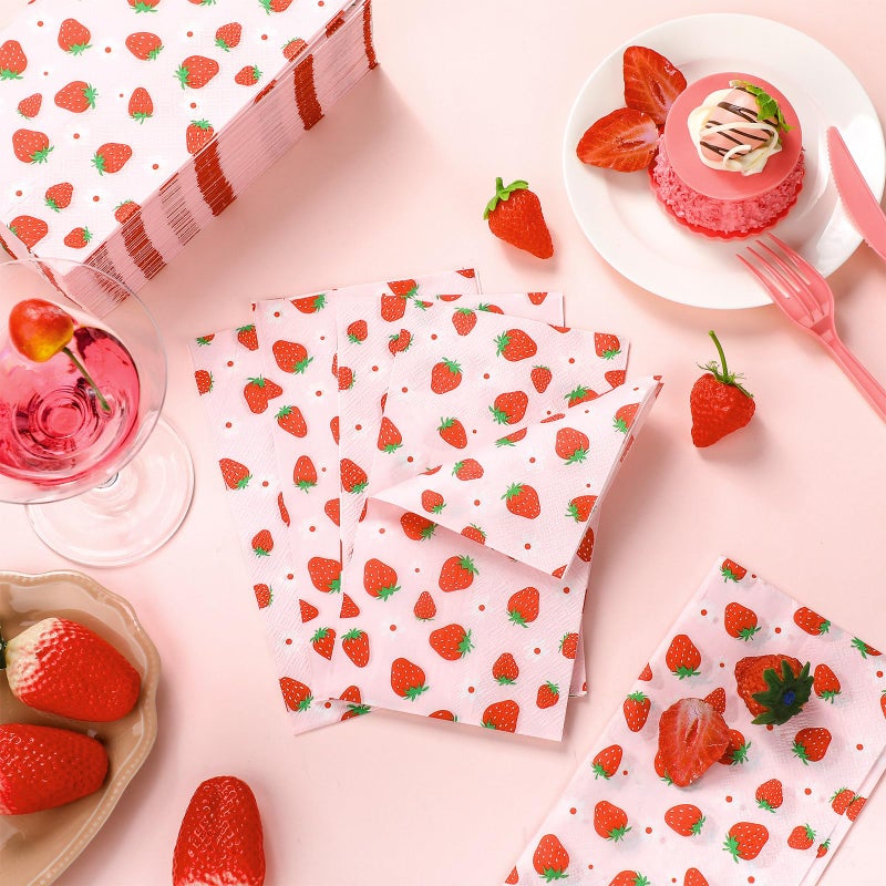 Janlaugh 100 Pcs Strawberry Paper Napkins Set Disposable Summer Fruit Paper Napkins Pink for Berry Sweet Strawberry Decoration Catering Event Birthday Summer Party Supplies - Image 4