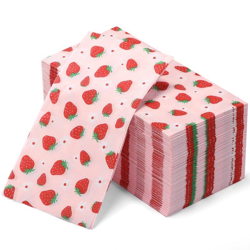 Janlaugh 100 Pcs Strawberry Paper Napkins Set Disposable Summer Fruit Paper Napkins Pink for Berry Sweet Strawberry Decoration Catering Event Birthday Summer Party Supplies - Image 1