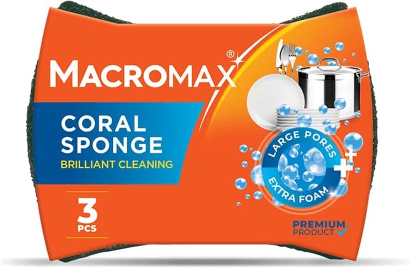 Macromax Coral Sponge – 3 Pieces Set | Durable Dual-Layer Dishwashing Sponges for Kitchen - Image 1
