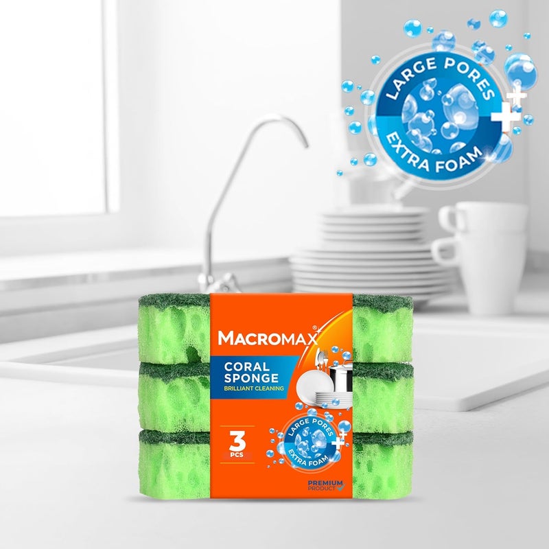 Macromax Coral Sponge – 3 Pieces Set | Durable Dual-Layer Dishwashing Sponges for Kitchen - Image 3