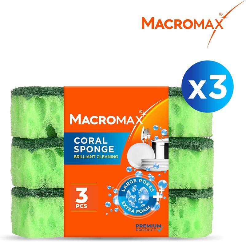 Macromax Coral Sponge – 3 Pieces Set | Durable Dual-Layer Dishwashing Sponges for Kitchen - Image 5