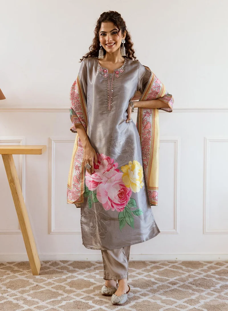 ISHIN Women's Grey 100% Cotton Printed Straight Fit Kurta Set